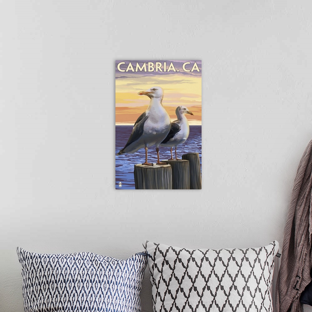 A bohemian room featuring Cambria, California - Sea Gulls: Retro Travel Poster