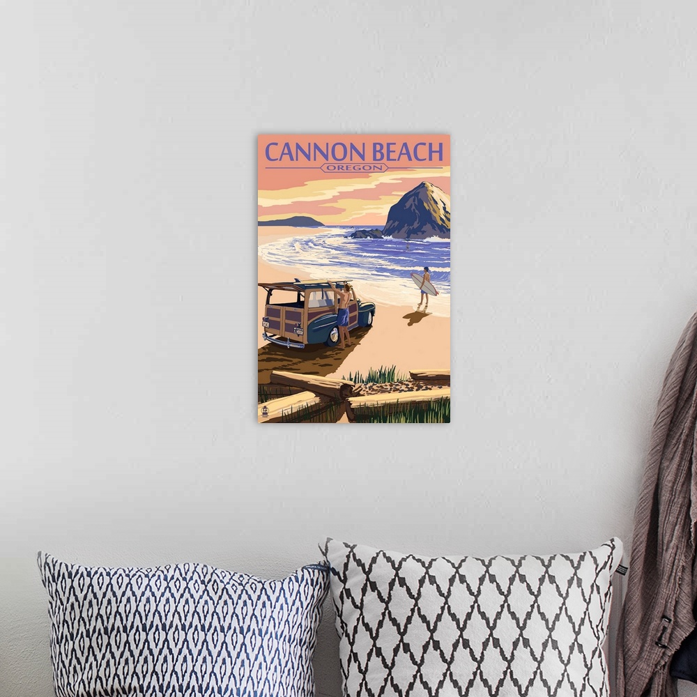 A bohemian room featuring Cannon Beach, Oregon - Woody and Haystack Rock: Retro Travel Poster