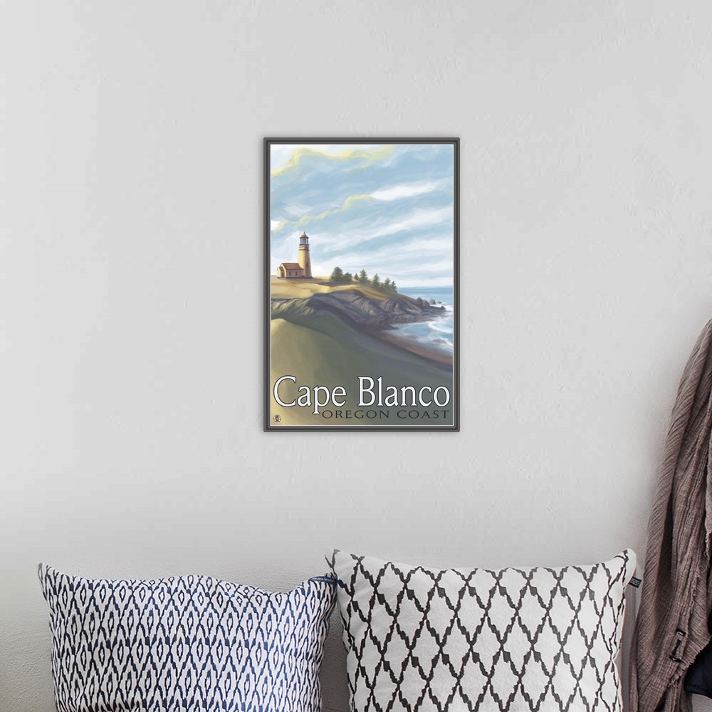 A bohemian room featuring Cape Blanco Lighthouse, Oregon Coast: Retro Travel Poster