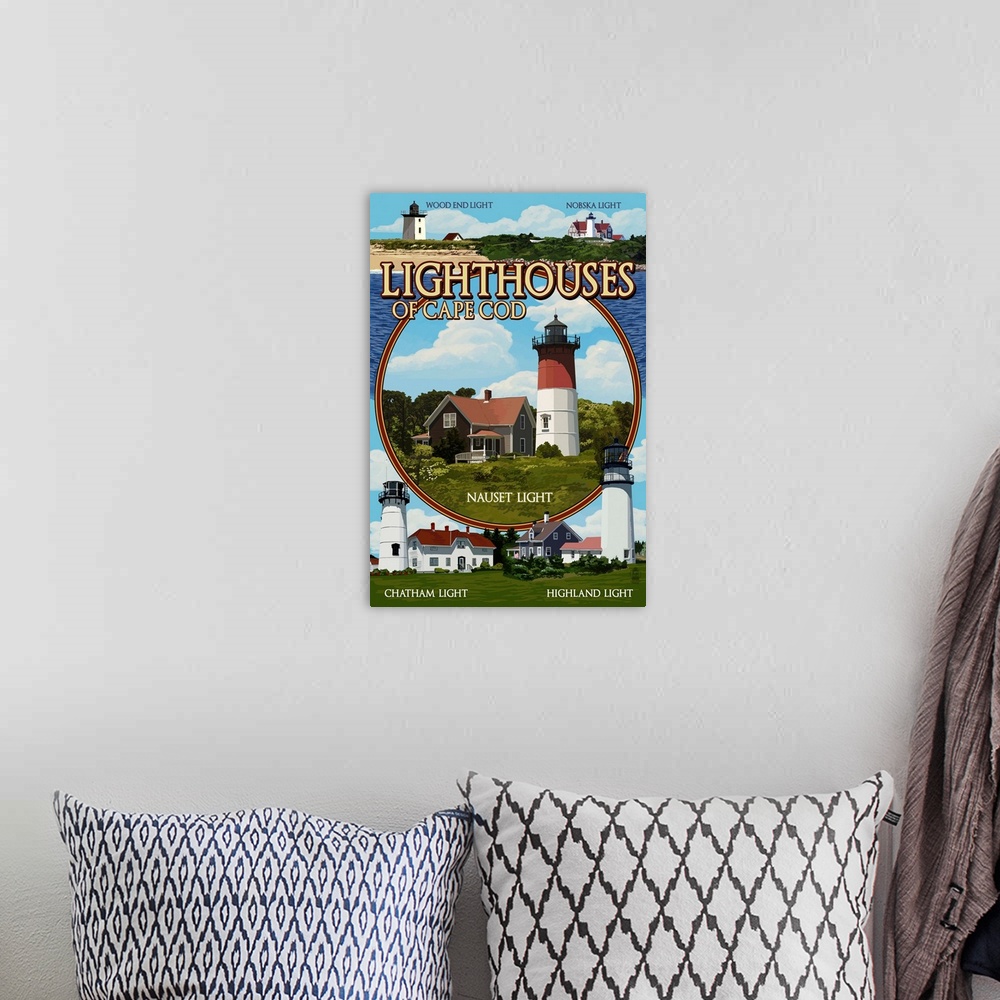 A bohemian room featuring Cape Cod, Massachusetts - Lighthouses Montage: Retro Travel Poster