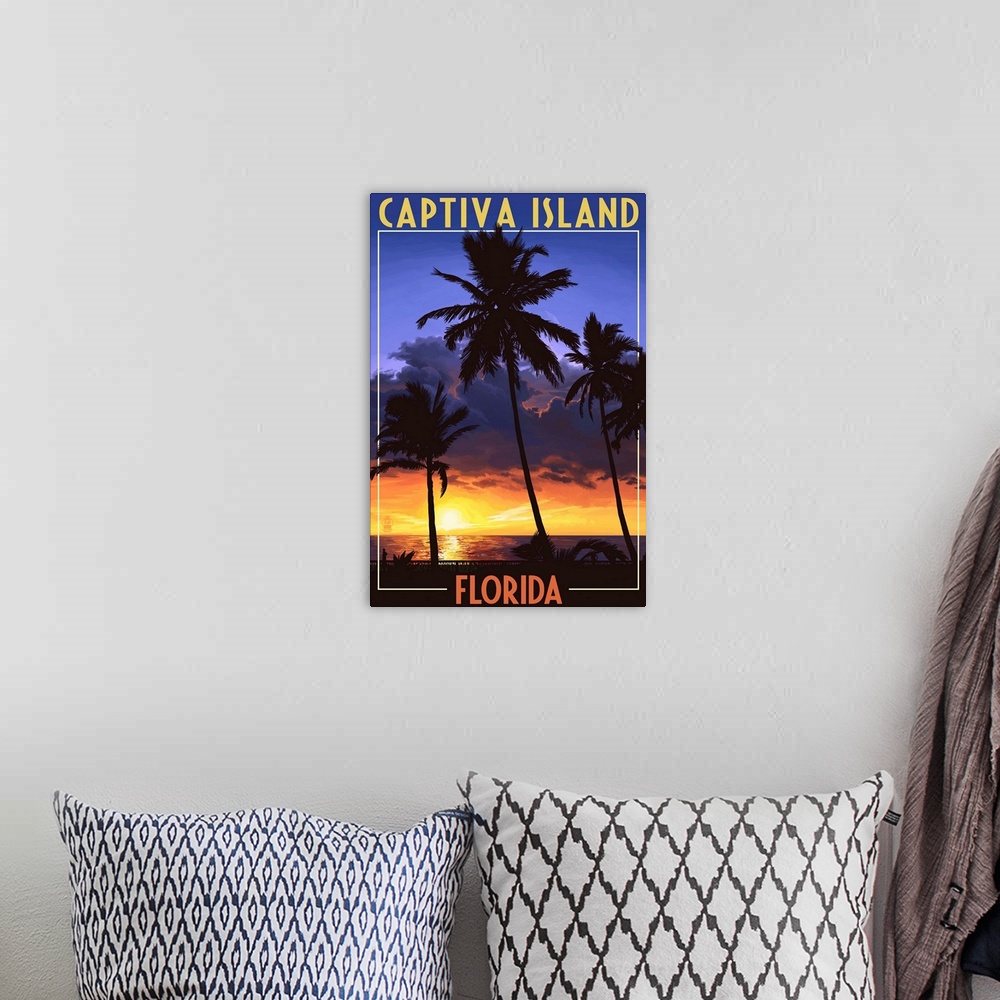 A bohemian room featuring Captiva Island, Florida  - Palms and Sunset: Retro Travel Poster