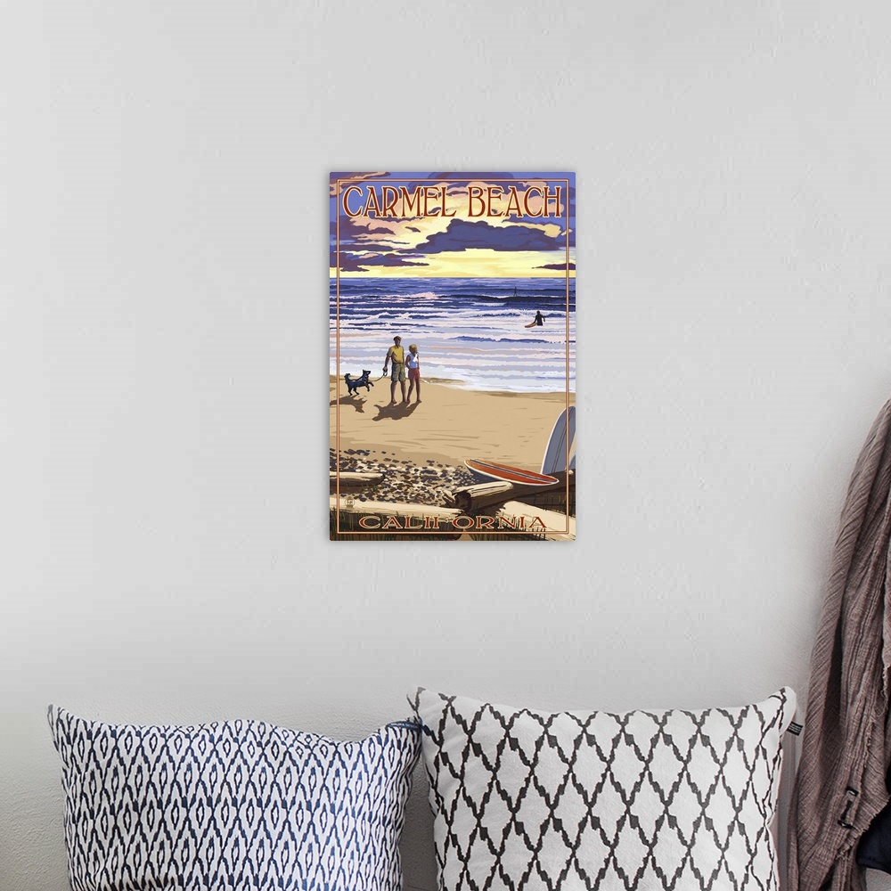 A bohemian room featuring Retro stylized art poster of a couple with dog walking along a beach.