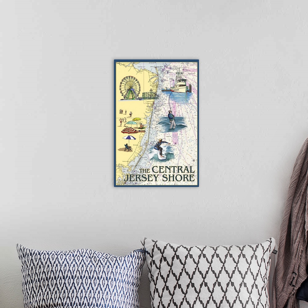A bohemian room featuring Central Jersey Shore - Nautical Chart: Retro Travel Poster