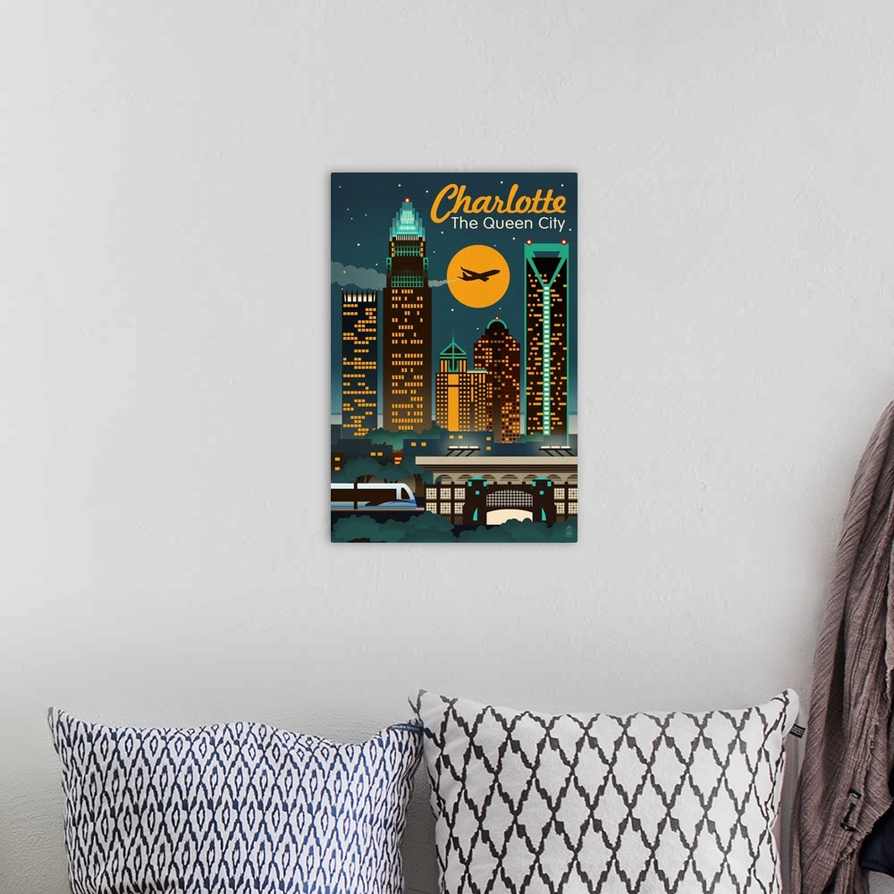A bohemian room featuring Charlotte, North Carolina - Retro Skyline: Retro Travel Poster