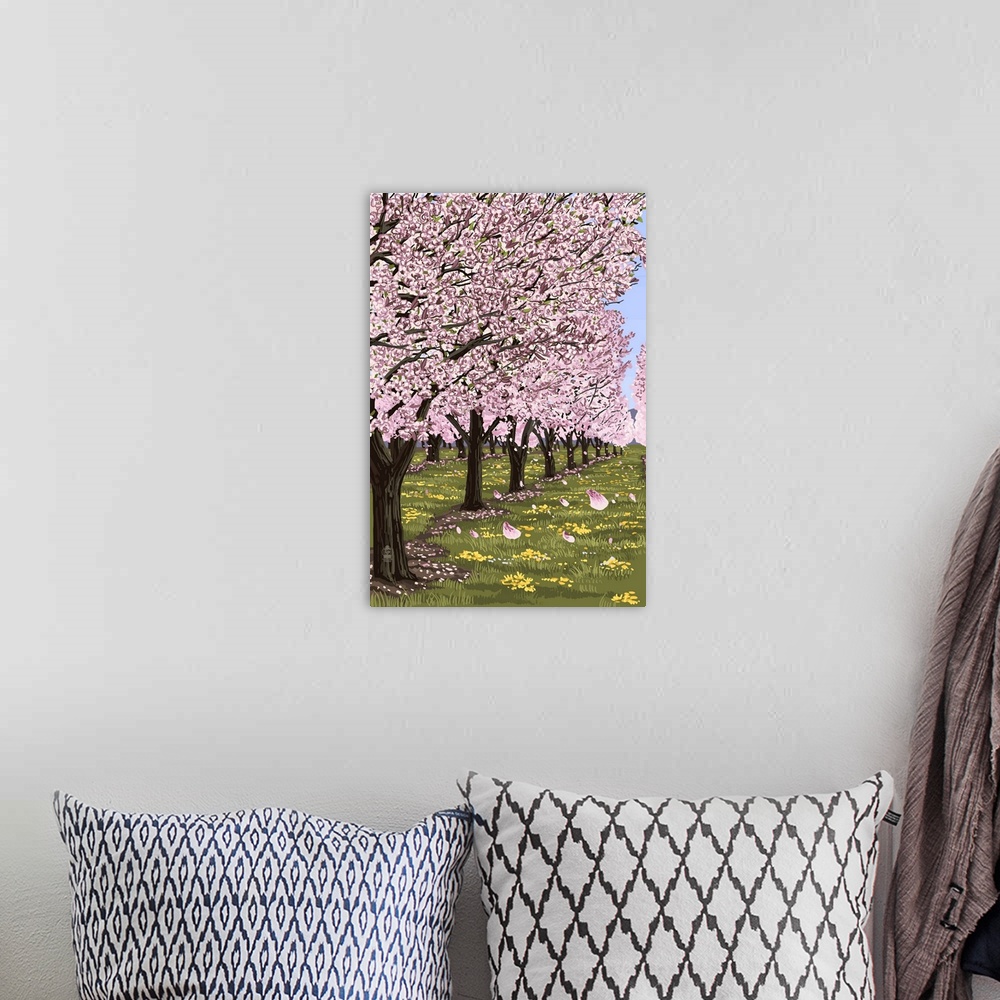 A bohemian room featuring Retro stylized art poster of a cherry blossom orchard in full bloom, with lush green grass.