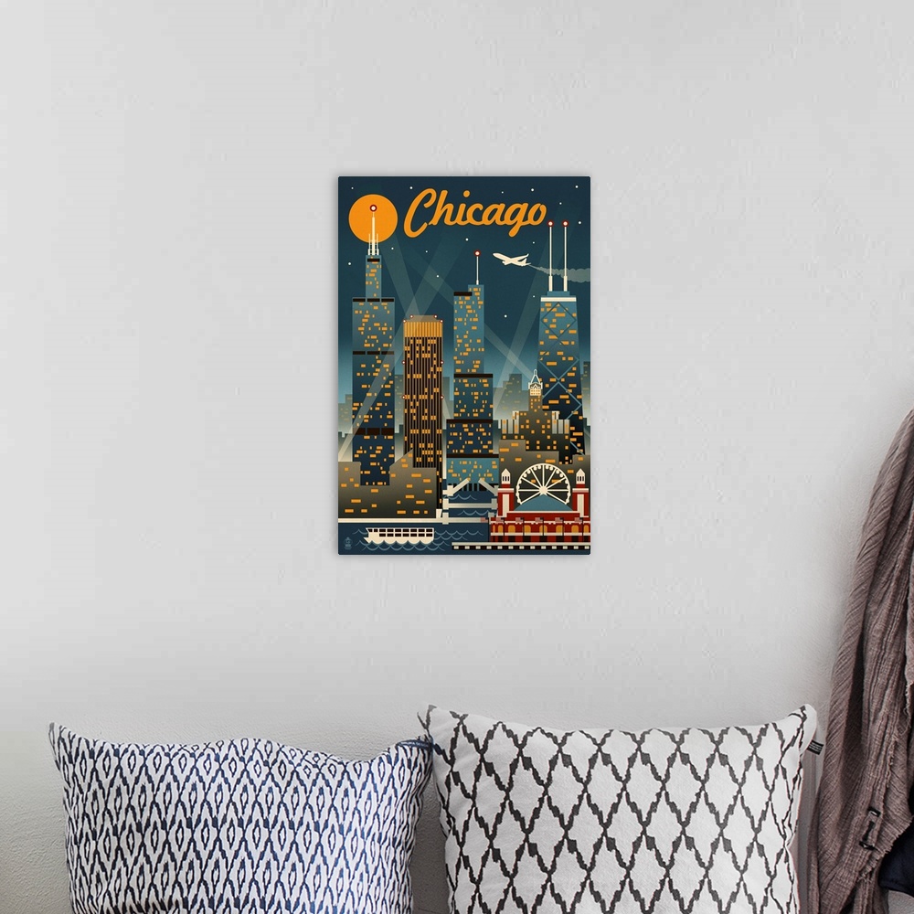 A bohemian room featuring Chicago Illinois - Retro Skyline: Retro Travel Poster