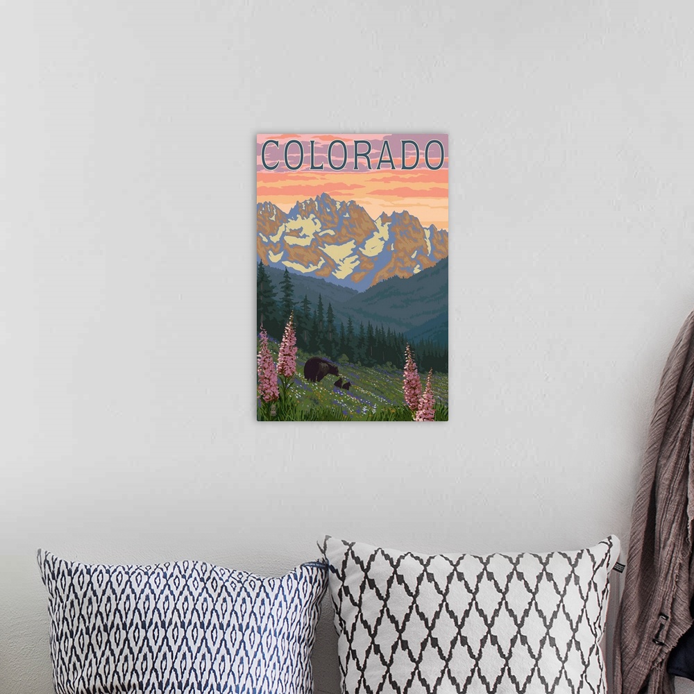 A bohemian room featuring Colorado - Bears and Spring Flowers: Retro Travel Poster