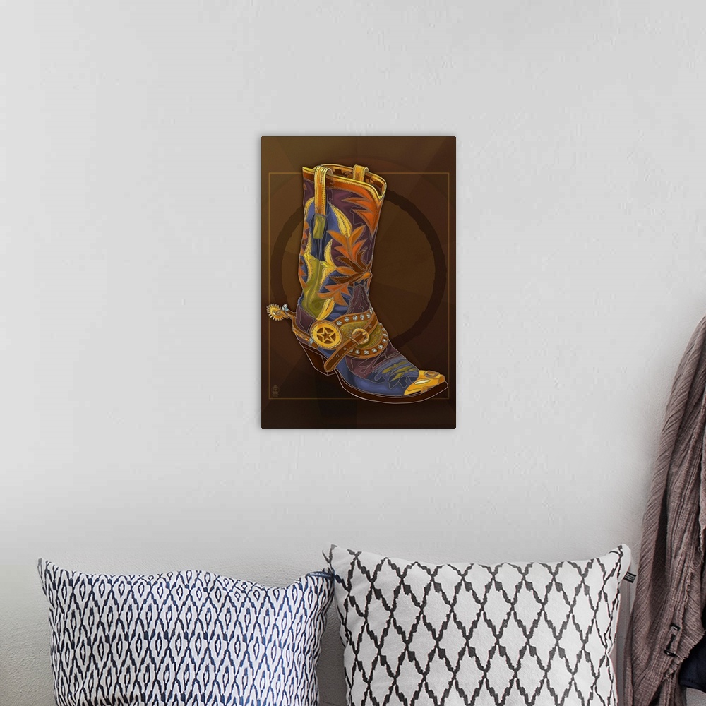A bohemian room featuring Cowboy Boot: Retro Poster Art