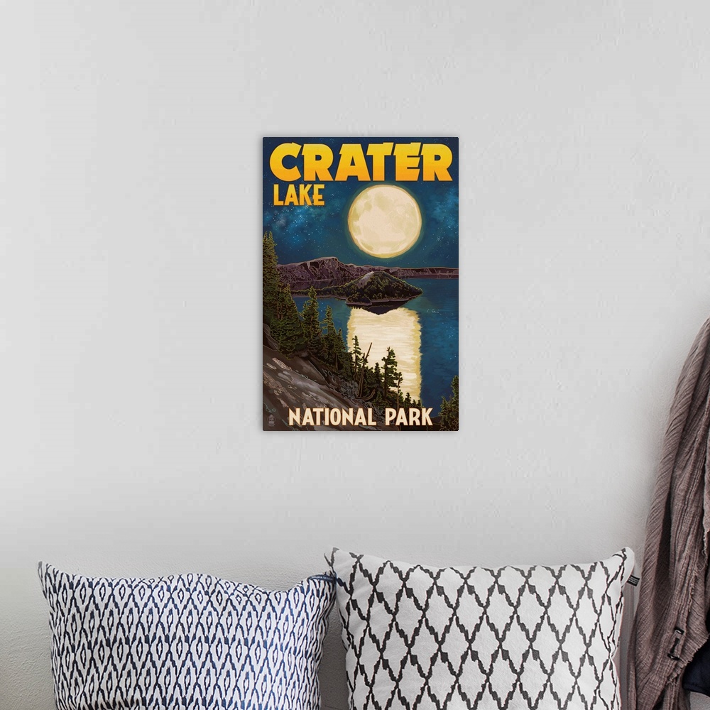 A bohemian room featuring Crater Lake National Park, Oregon - Lake and Full Moon: Retro Travel Poster