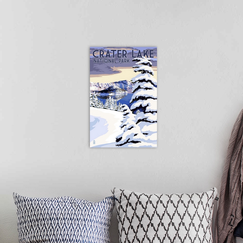A bohemian room featuring Crater Lake National Park, Oregon - Winter Scene: Retro Travel Poster