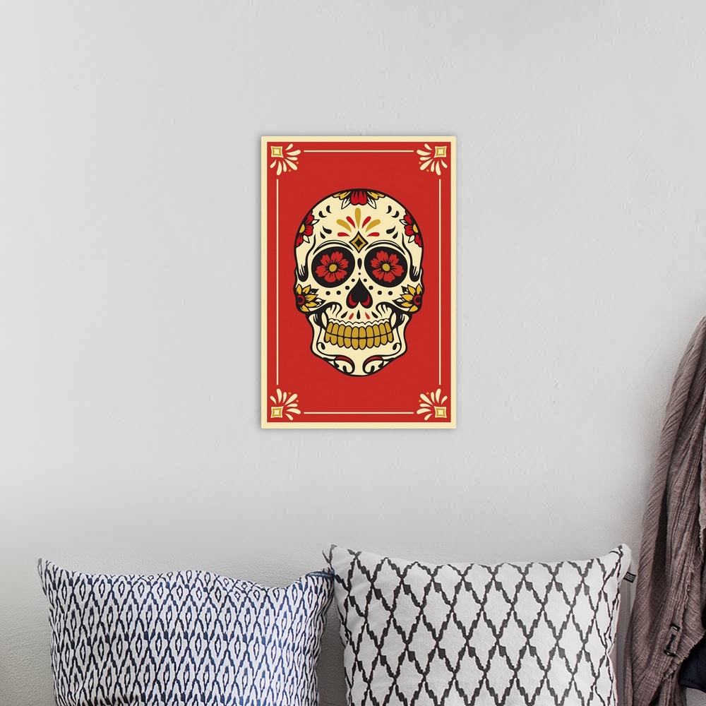 A bohemian room featuring Day of the Dead Sugar Skull Artwork