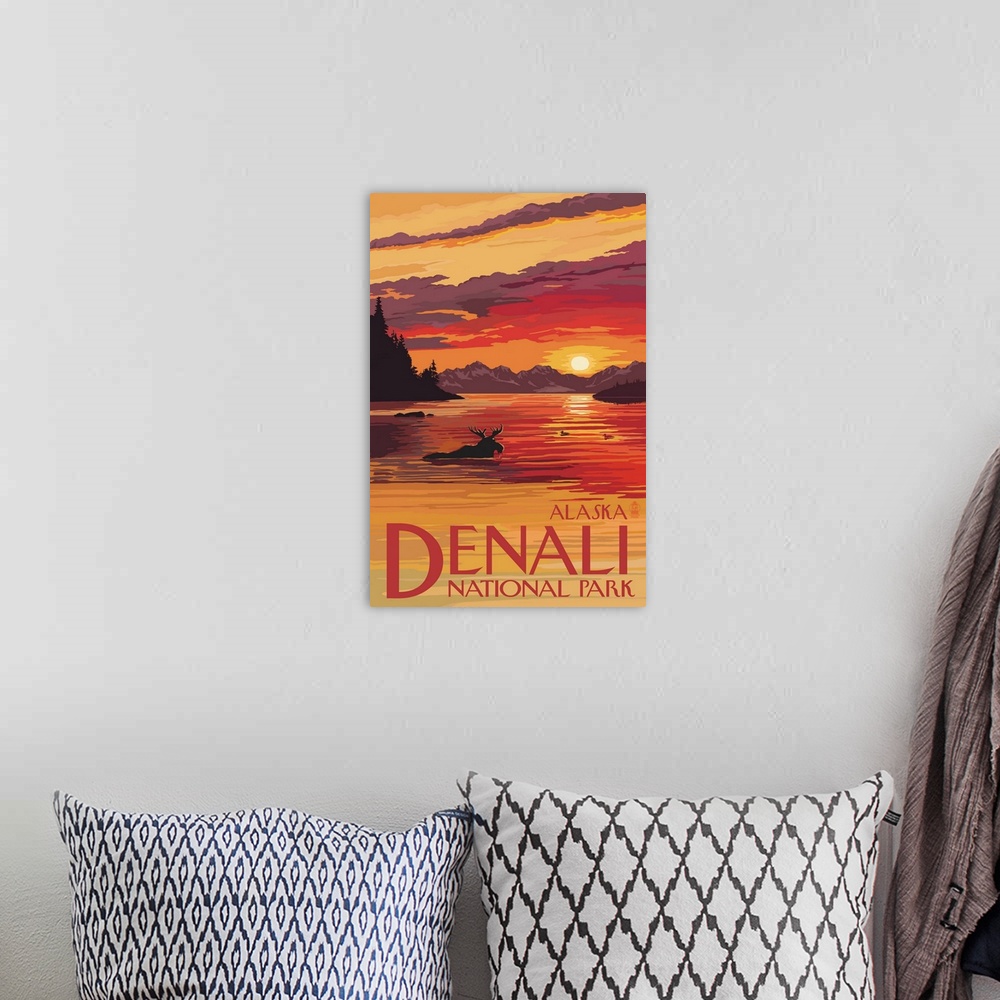 A bohemian room featuring Denali National Park, Alaska - Moose at Sunset: Retro Travel Poster