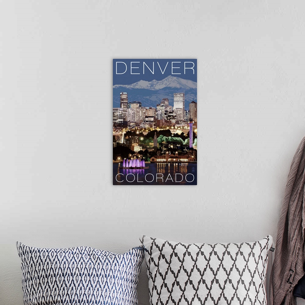 A bohemian room featuring Denver, Colorado - Skyline at Night: Retro Travel Poster