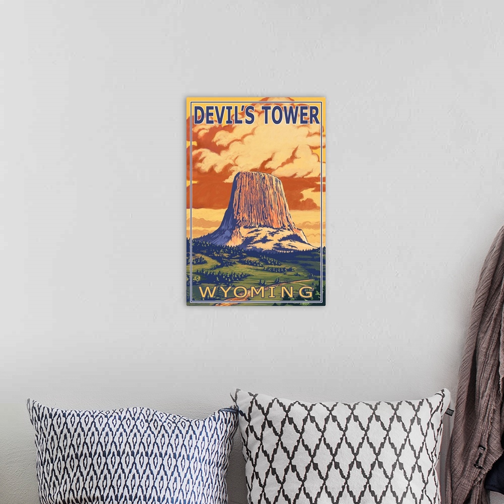 A bohemian room featuring Devil's Tower, Wyoming: Retro Travel Poster