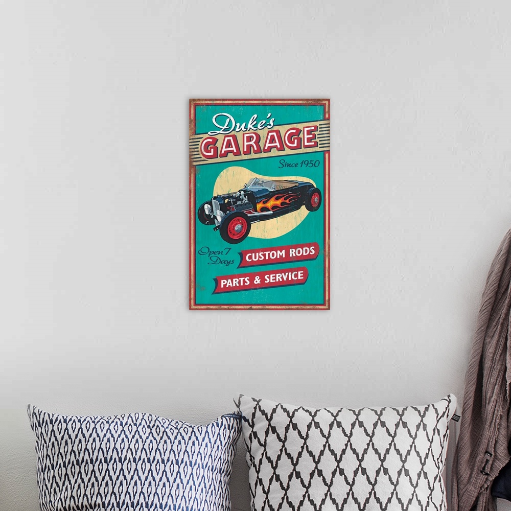 A bohemian room featuring Duke's Garage Vintage Sign