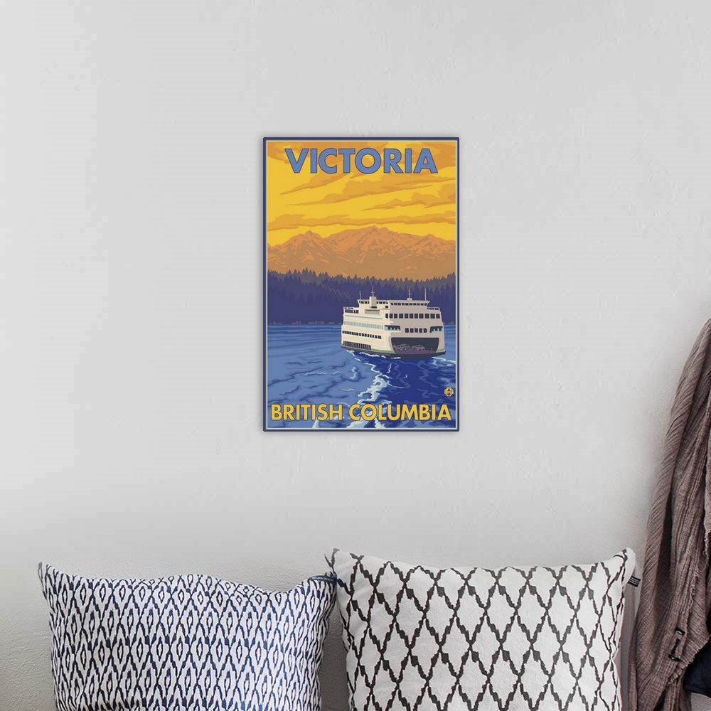 A bohemian room featuring Ferry and Mountains - Victoria, BC Canada: Retro Travel Poster
