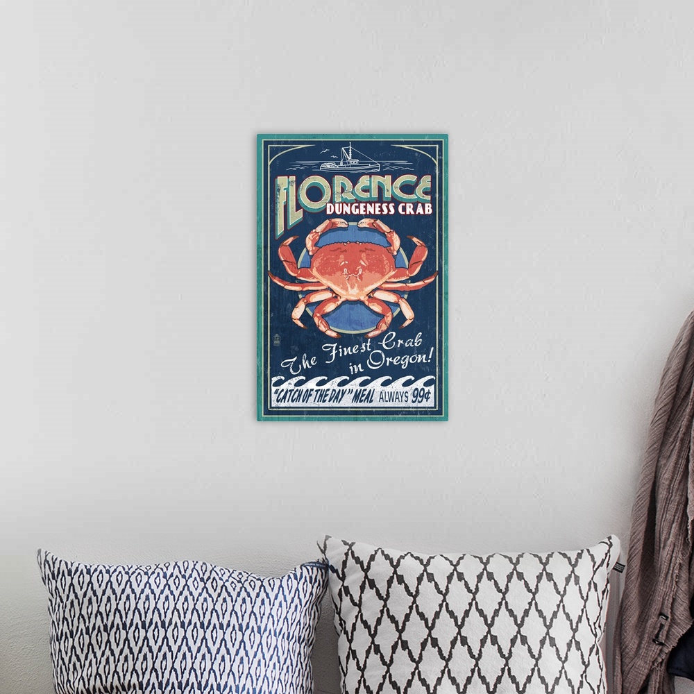 A bohemian room featuring Retro stylized art poster of a vintage seafood market sign displaying a dungeness crab.