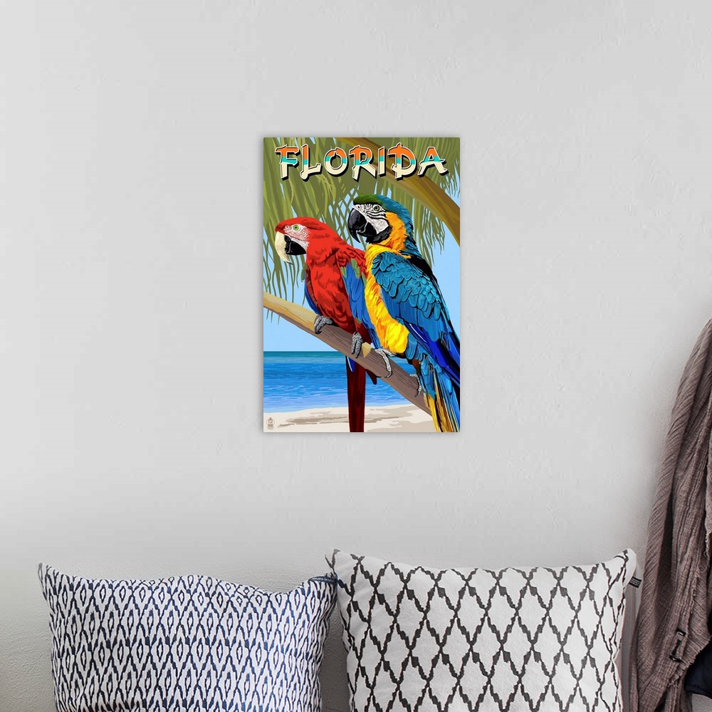 A bohemian room featuring Florida - Parrots: Retro Travel Poster