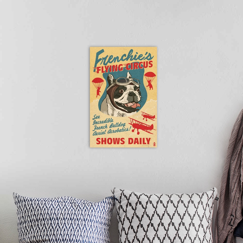 A bohemian room featuring Parody retro advertisement featuring a French Bulldog airshow.