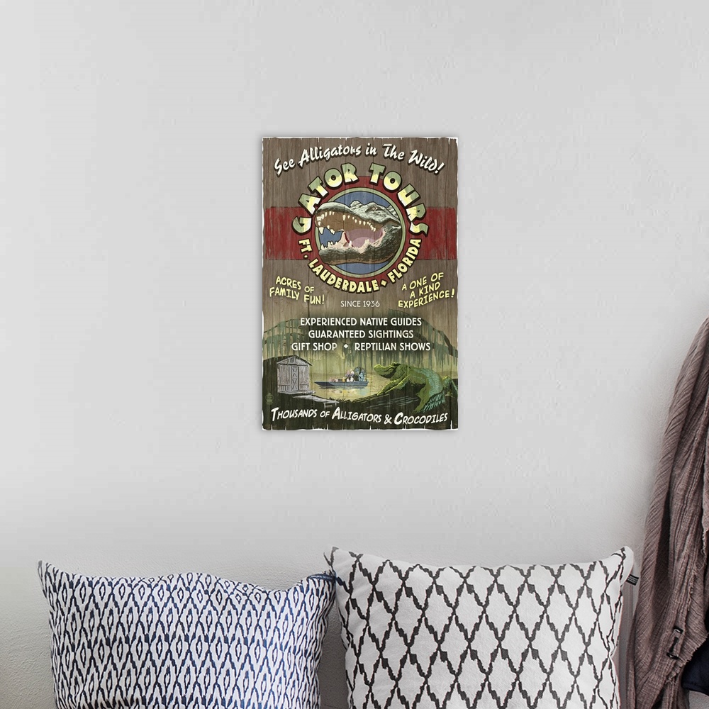 A bohemian room featuring Ft. Lauderdale, Florida - Alligator Tours Vintage Sign: Retro Travel Poster