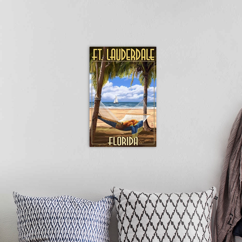 A bohemian room featuring Ft. Lauderdale, Florida - Palms and Hammock: Retro Travel Poster