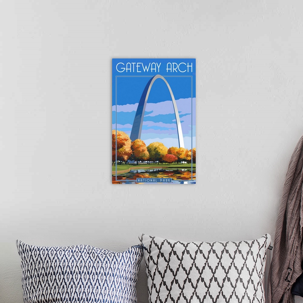 A bohemian room featuring Gateway Arch National Park, Gateway Arch Park: Retro Travel Poster