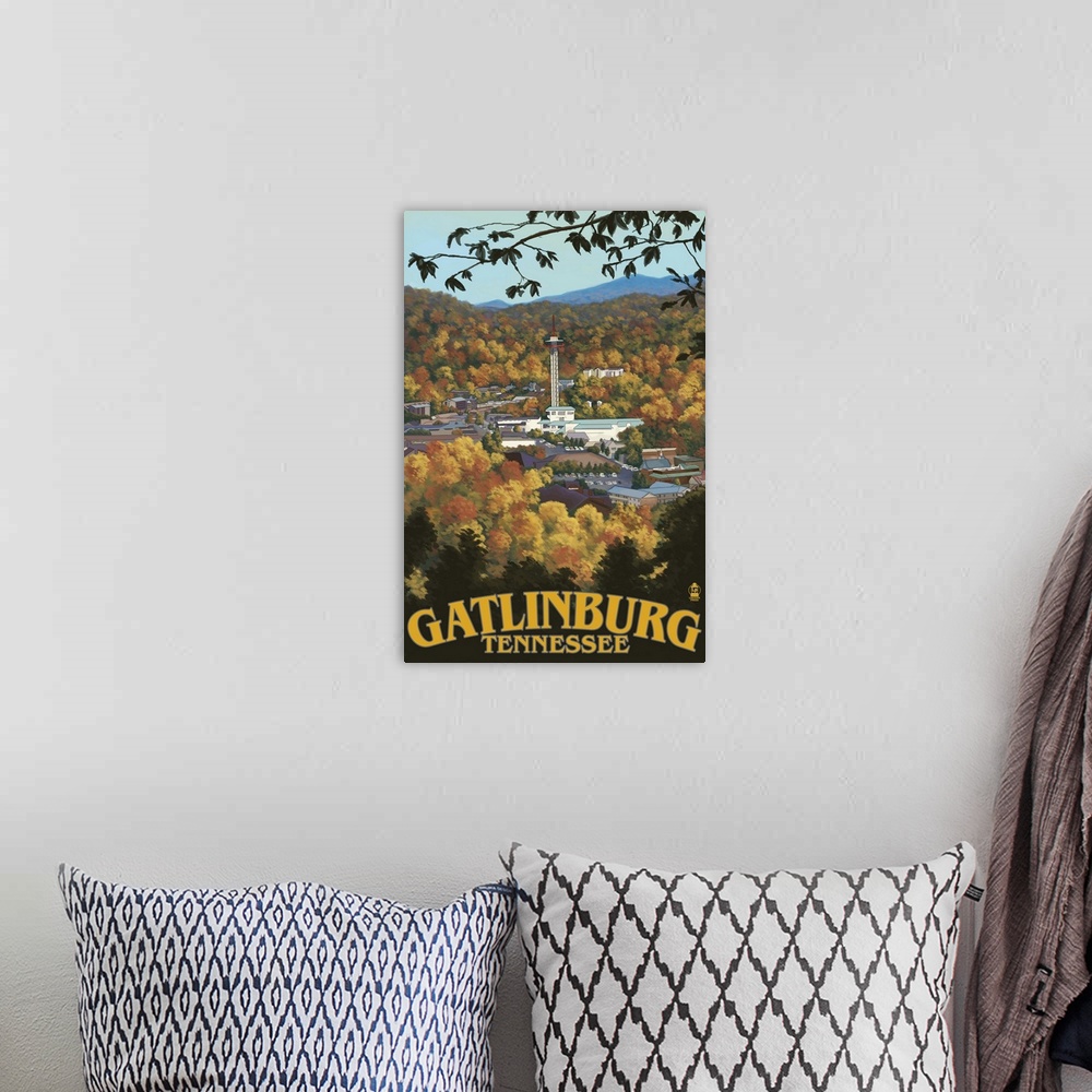 A bohemian room featuring Gatlinburg, Tennessee Town Scene: Retro Travel Poster