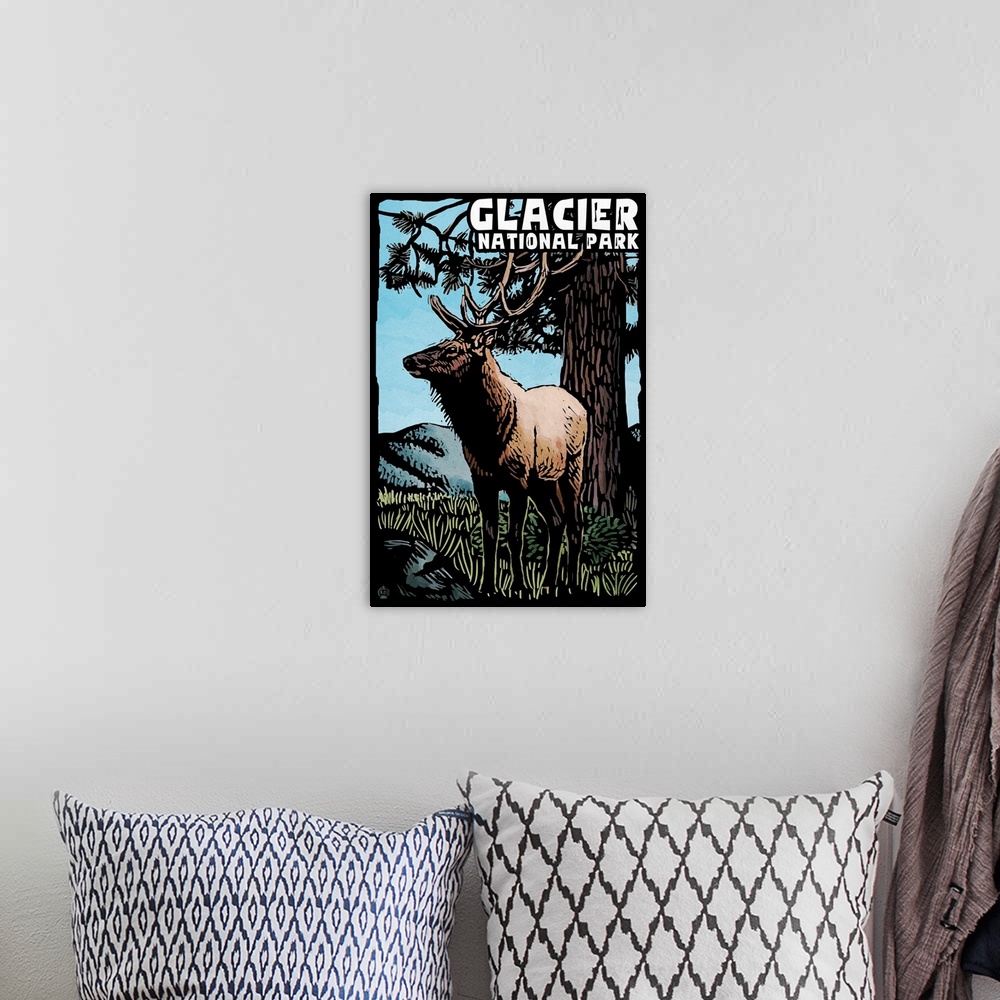 A bohemian room featuring Glacier National Park, Elk, Scratchboard