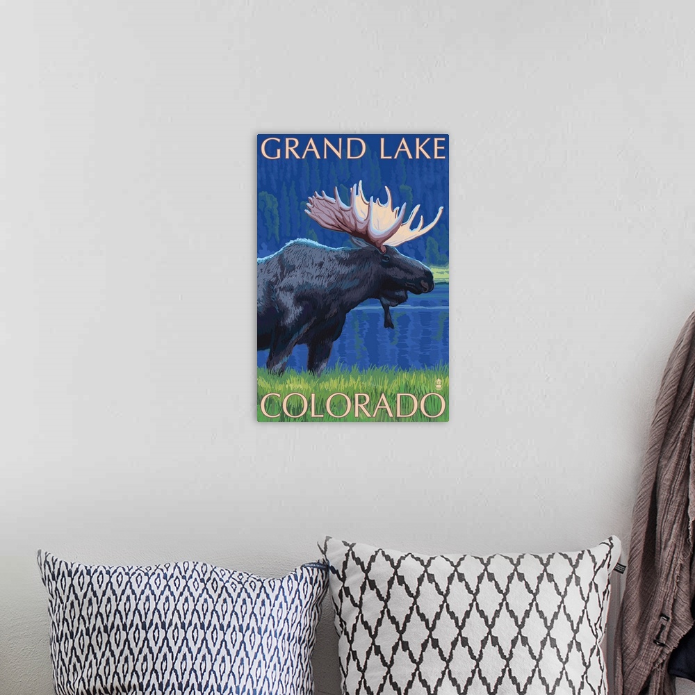 A bohemian room featuring Grand Lake, Colorado - Moose at Night: Retro Travel Poster