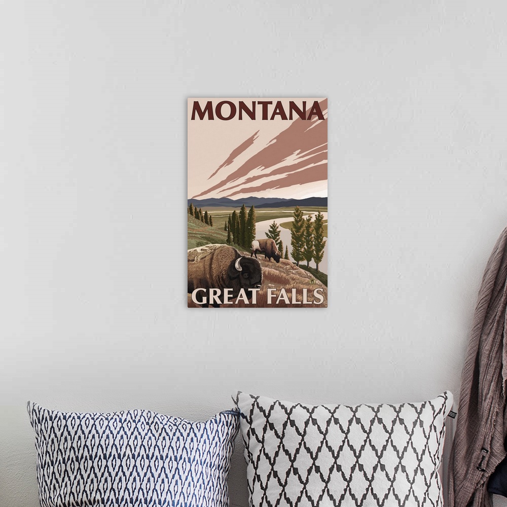 A bohemian room featuring Great Falls, Montana - Bison and River: Retro Travel Poster