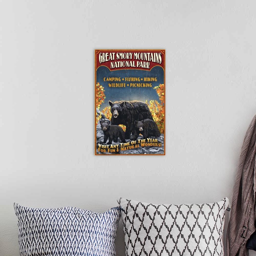 A bohemian room featuring Great Smoky Mountains National Park - Black Bear Vintage Sign: Retro Travel Poster