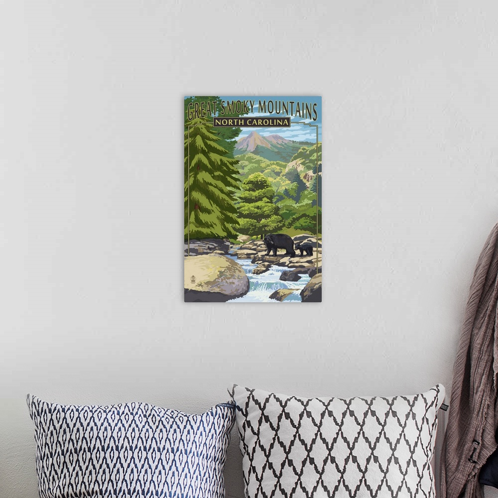 A bohemian room featuring Great Smoky Mountains, North Carolina - Bear Family and Creek: Retro Travel Poster