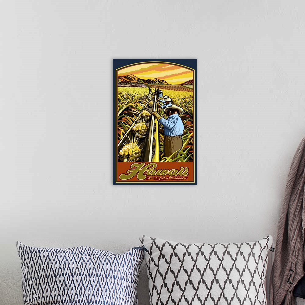 A bohemian room featuring Hawaii Pineapple Harvest: Retro Travel Poster