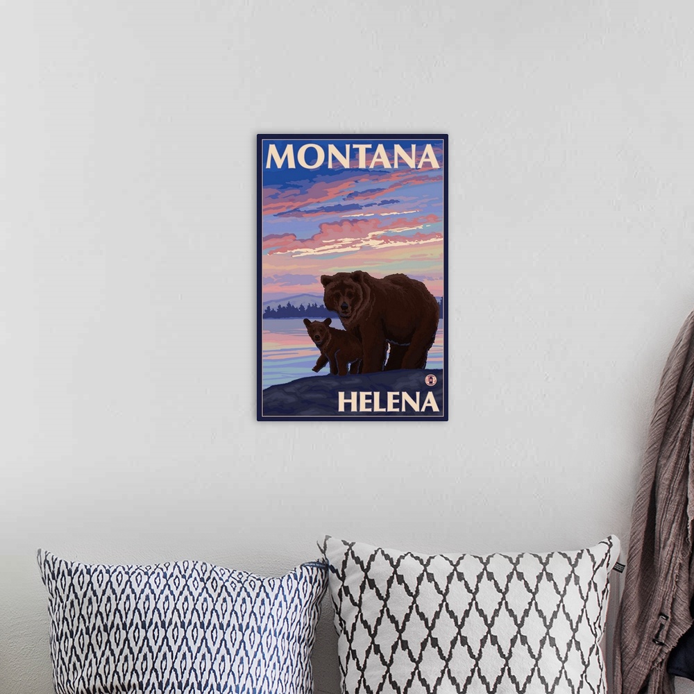 A bohemian room featuring Helena, Montana - Bear and Cub: Retro Travel Poster