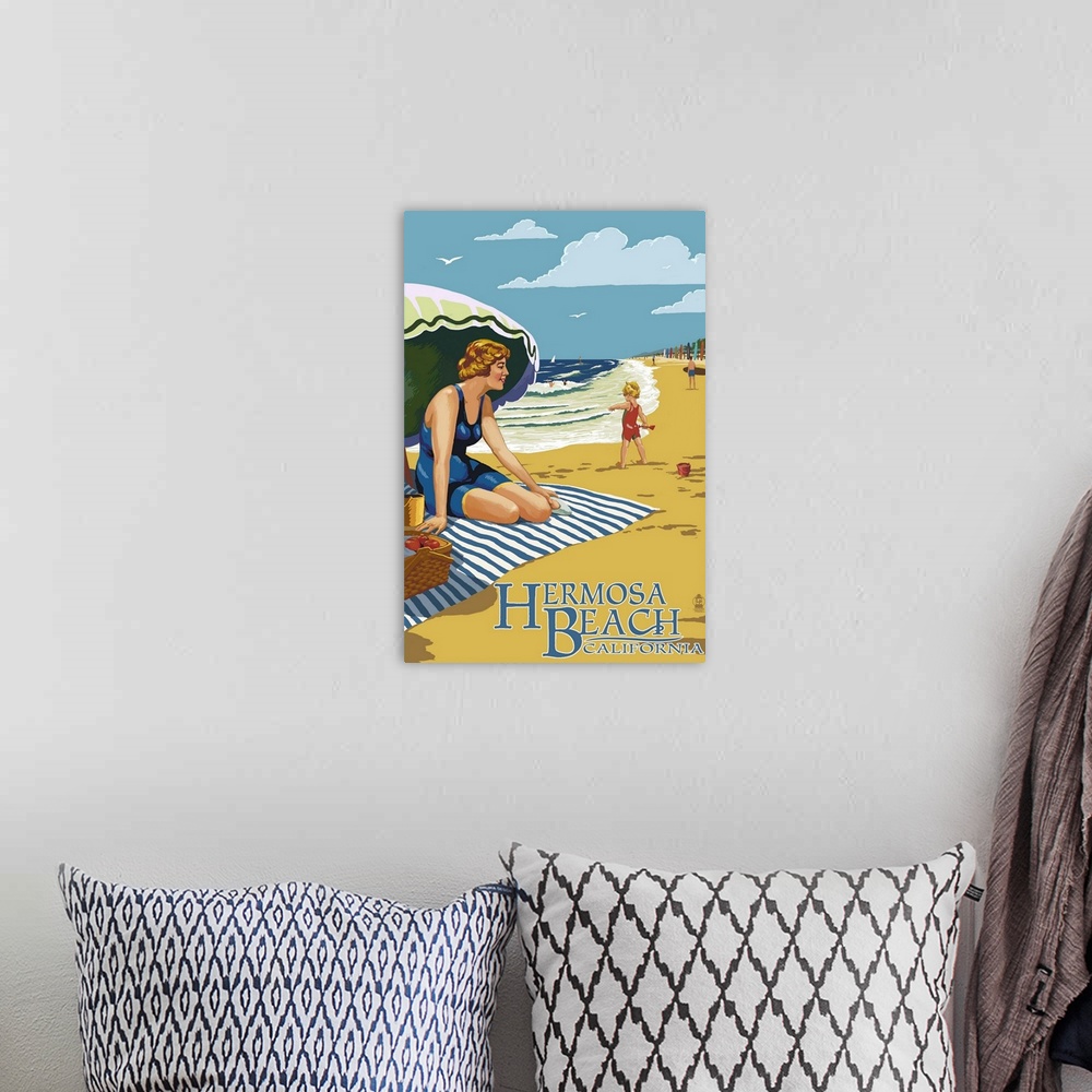 A bohemian room featuring Hermosa Beach, California - Woman on Beach: Retro Travel Poster