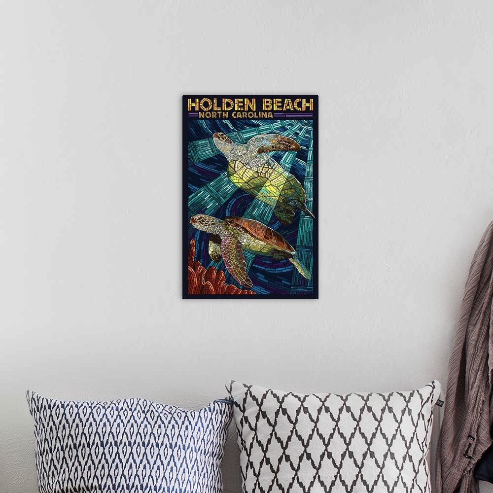 A bohemian room featuring Holden Beach, North Carolina - Sea Turtle Paper Mosaic: Retro Travel Poster