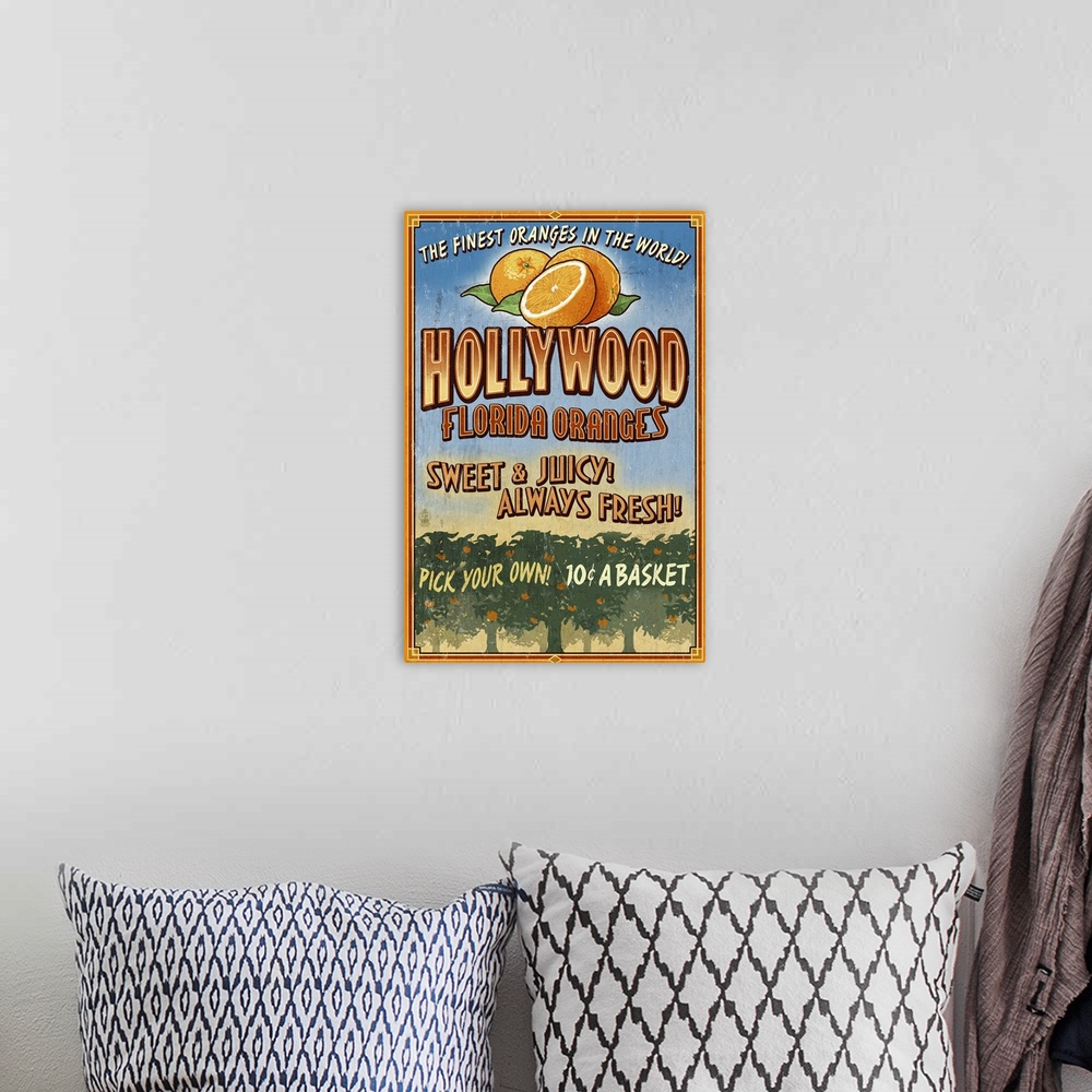 A bohemian room featuring Hollywood, Florida - Orange Grove Vintage Sign: Retro Travel Poster