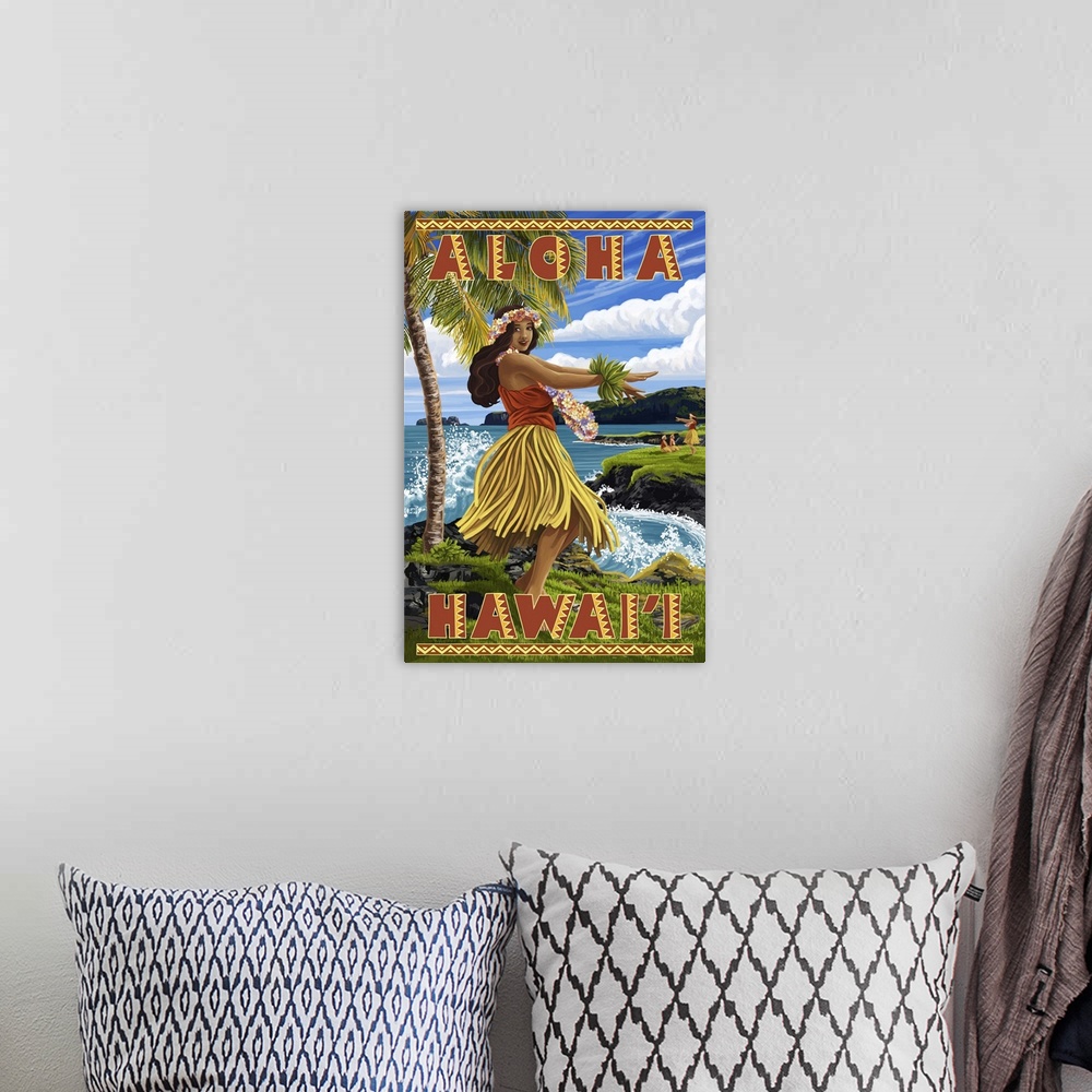A bohemian room featuring Hula Girl on Coast - Aloha Hawaii -  : Retro Travel Poster