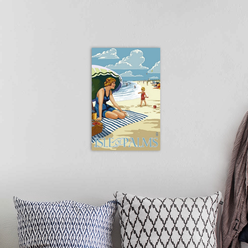 A bohemian room featuring Isle of Palms, South Carolina - Beach Scene: Retro Travel Poster
