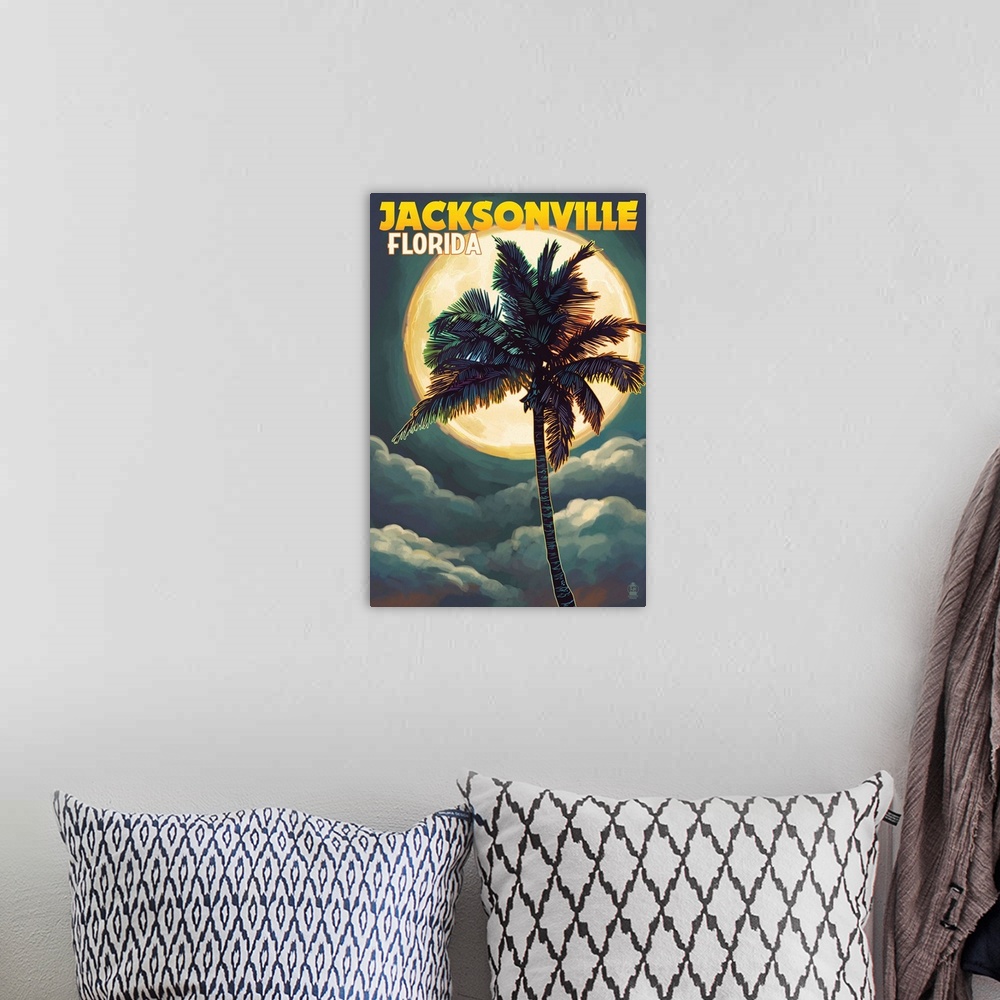 A bohemian room featuring Jacksonville, Florida - Palms and Moon: Retro Travel Poster