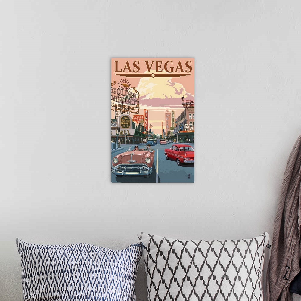 Las Vegas Old Strip Scene: Retro Travel Poster | Large Solid-Faced Canvas Wall Art Print | Great Big Canvas