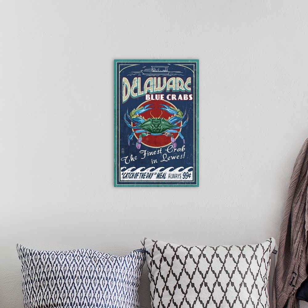 A bohemian room featuring Lewes, Delaware - Blue Crabs Vintage Sign: Retro Travel Poster
