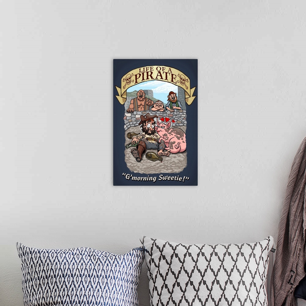 A bohemian room featuring Pirate illustration with "Life of a Pirate, G'Morning Sweetie".