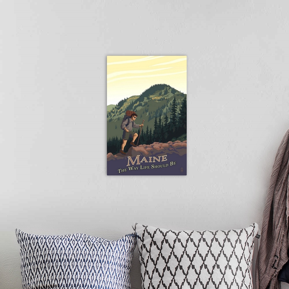 A bohemian room featuring Maine - Hiking Scene - The Way Life Should Be: Retro Travel Poster
