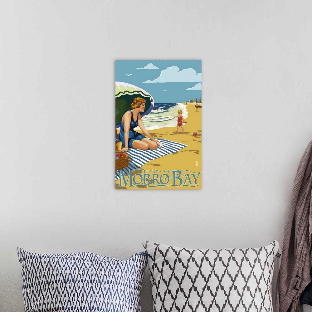 A bohemian room featuring Morro Bay, California Beach Scene: Retro Travel Poster