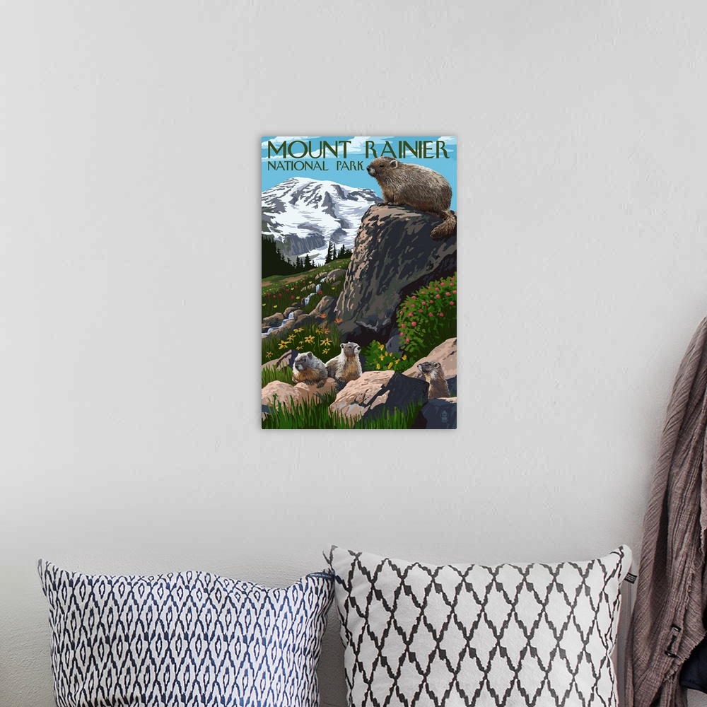 A bohemian room featuring Mount Rainier National Park - Marmots: Retro Travel Poster