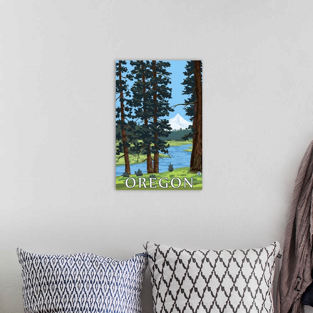 A bohemian room featuring Mt. Hood and River - Oregon Scene: Retro Travel Poster