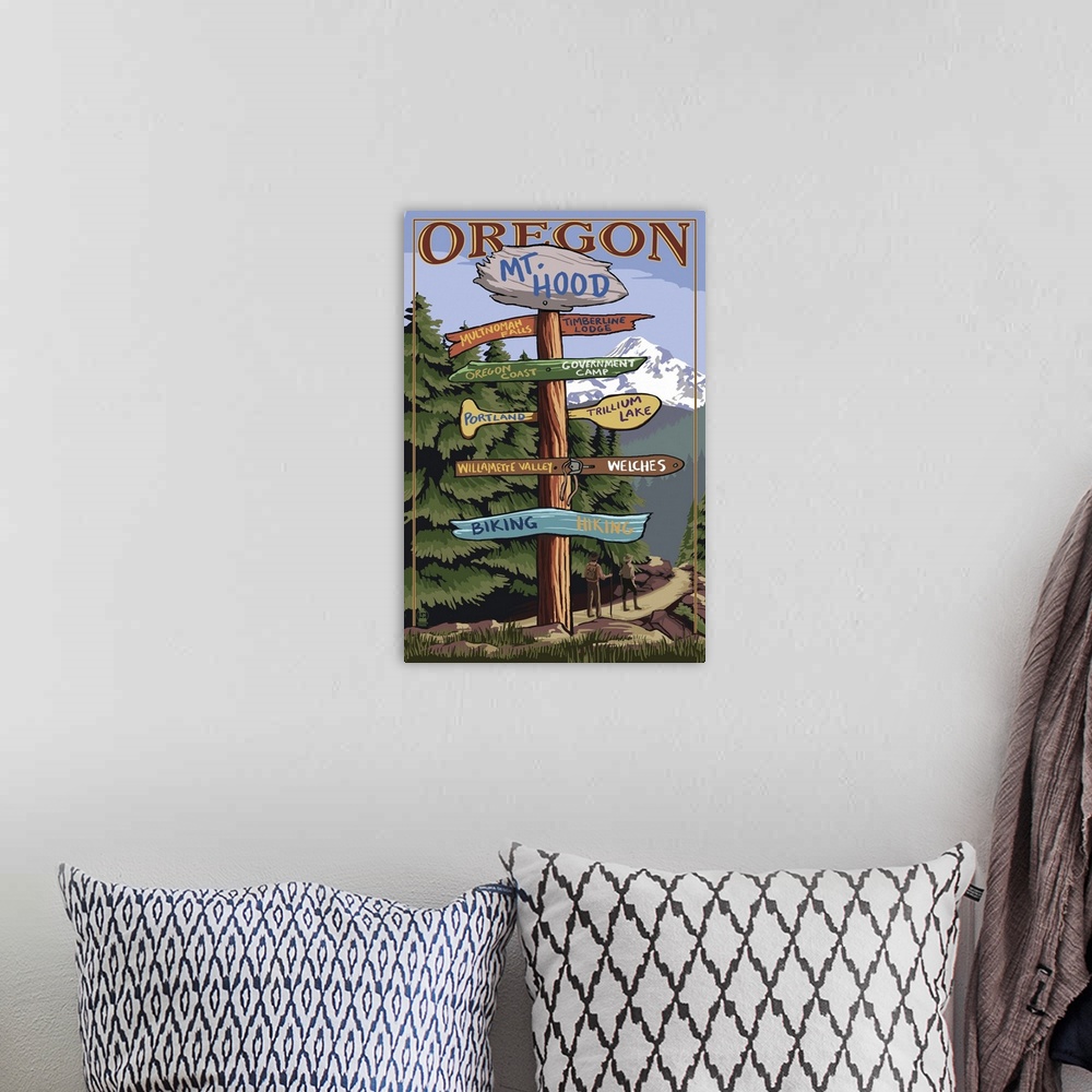A bohemian room featuring Mt. Hood, Oregon - Spring Destination Sign: Retro Travel Poster