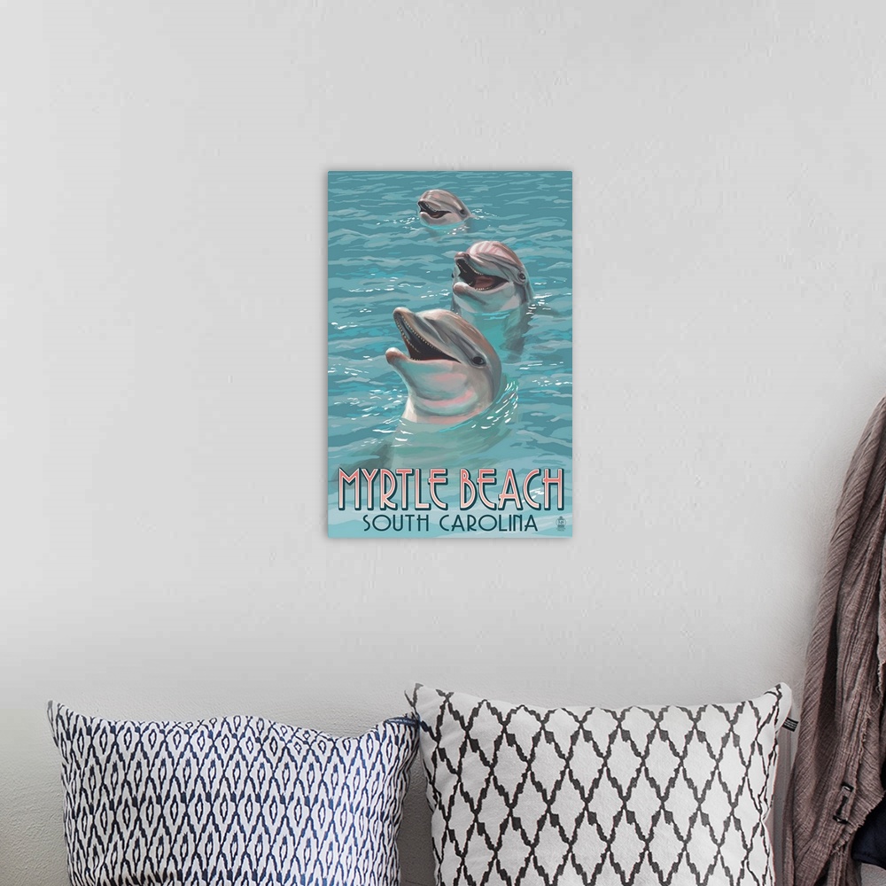 A bohemian room featuring Myrtle Beach, South Carolina - Dolphins: Retro Travel Poster