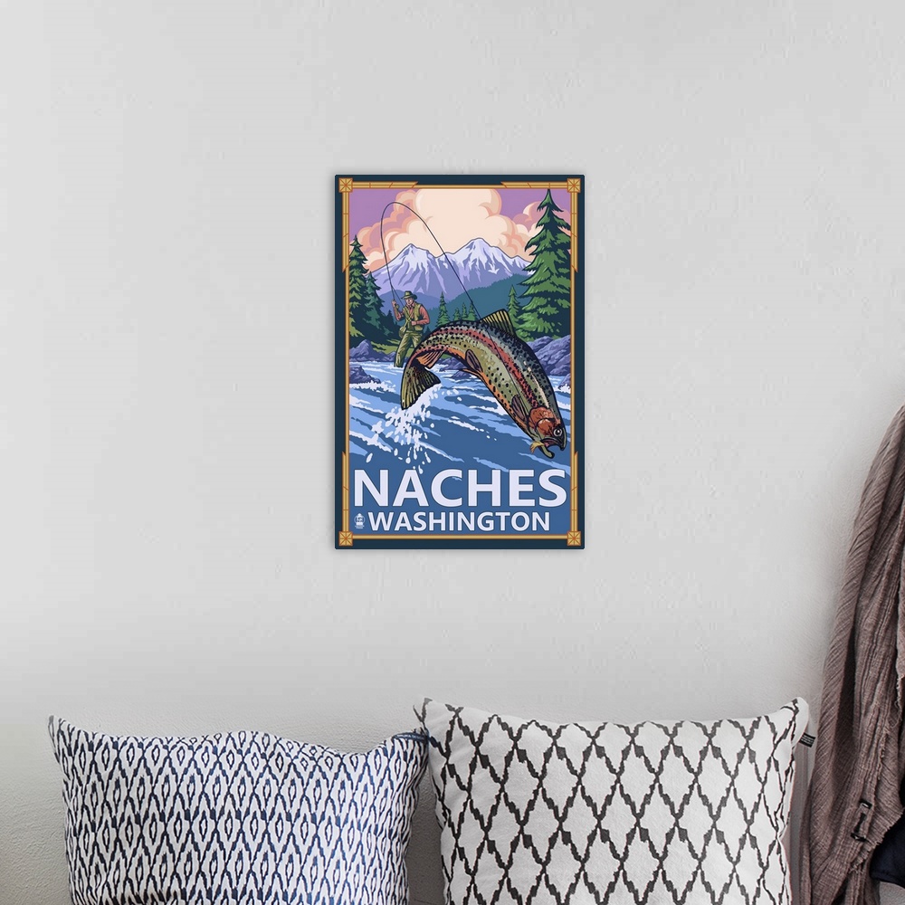 A bohemian room featuring Naches, Washington - Fisherman: Retro Travel Poster